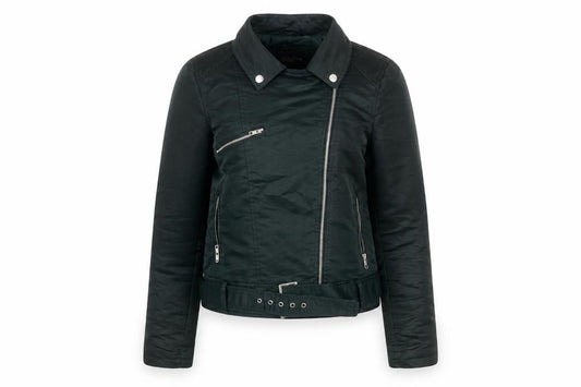 Front view of ONKO Women Black, size 10, Biker Jacket with Belted Zip Design