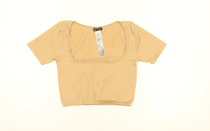 ZARA Women’s Beige Cropped Ribbed Square Neck T-Shirt Size M