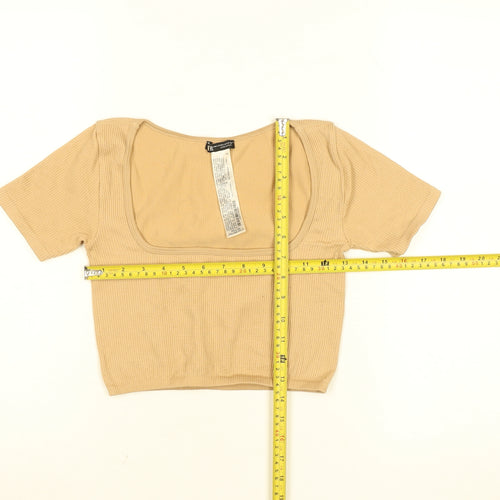 ZARA Women’s Beige Cropped Ribbed Square Neck T-Shirt Size M