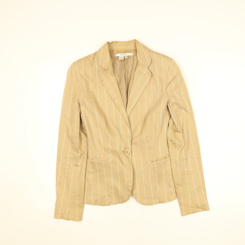 Zara Women Beige Striped Cotton Blazer Size 8 Classic Work Jacket