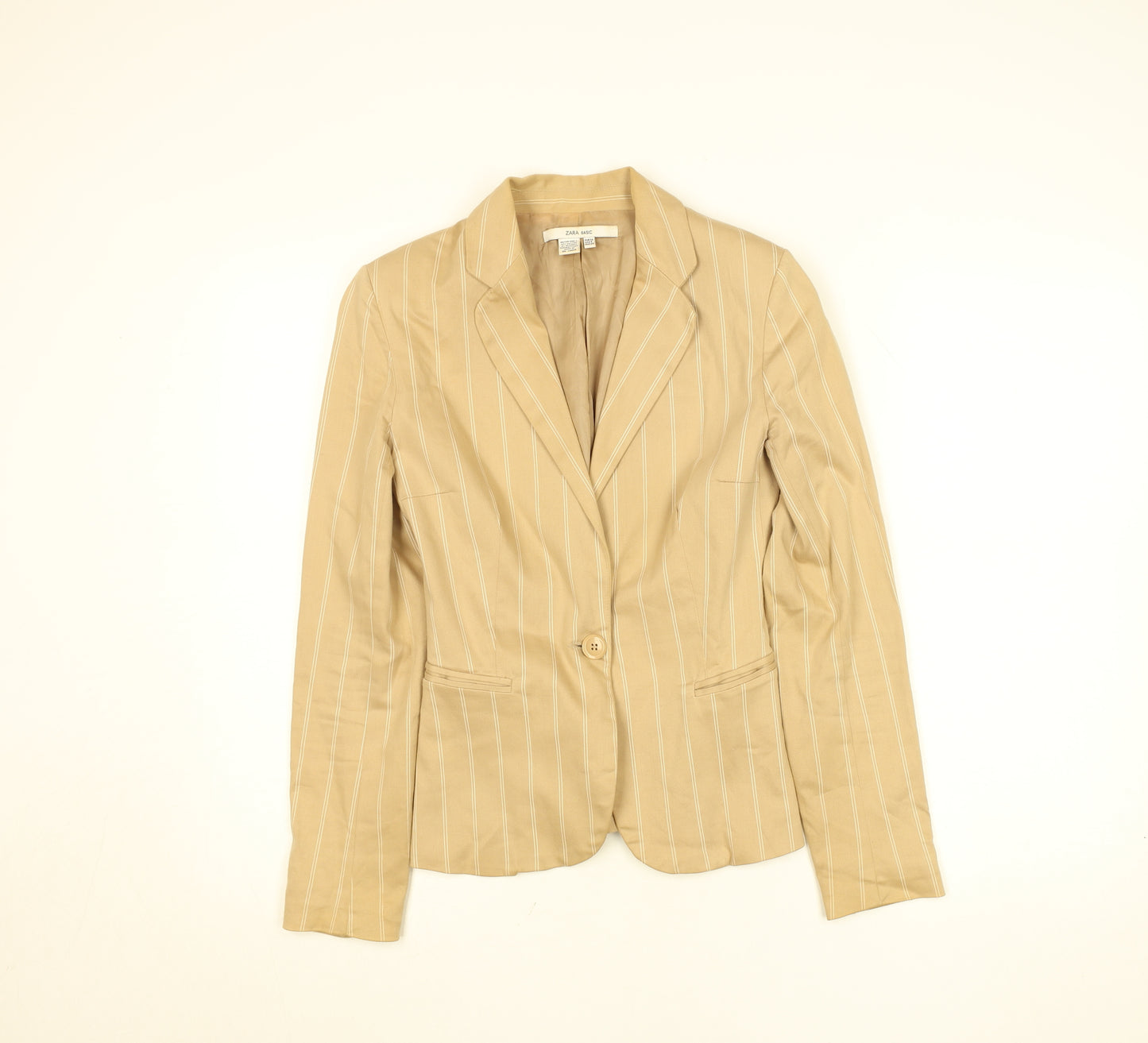 Zara Women Beige Striped Cotton Blazer Size 8 Classic Work Jacket