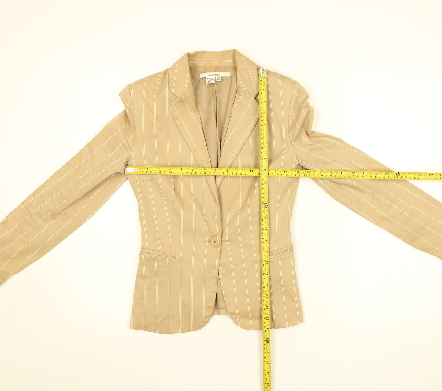 Zara Women Beige Striped Cotton Blazer Size 8 Classic Work Jacket