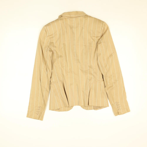 Zara Women Beige Striped Cotton Blazer Size 8 Classic Work Jacket