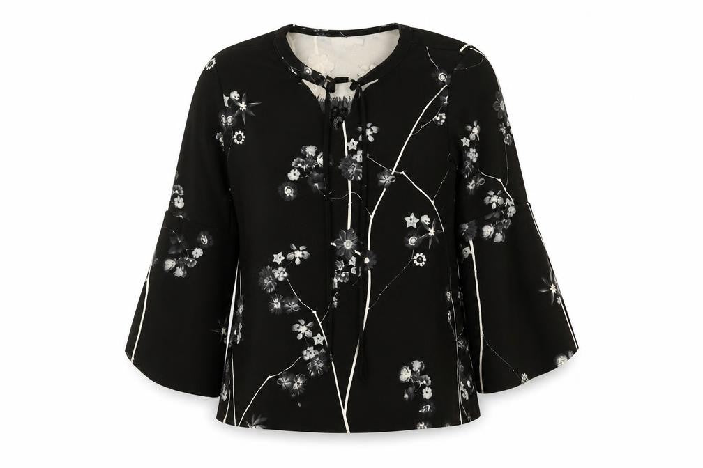 Front view of Code Women’s Black Floral Tunic Blouse, size UK 12, Long Sleeve