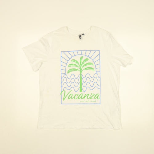 Pieces Women's White Cotton Graphic T-Shirt Size S Vacanza Print