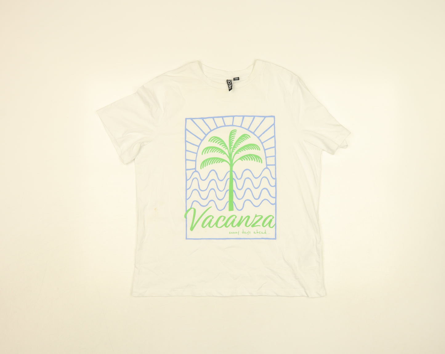 Pieces Women's White Cotton Graphic T-Shirt Size S Vacanza Print