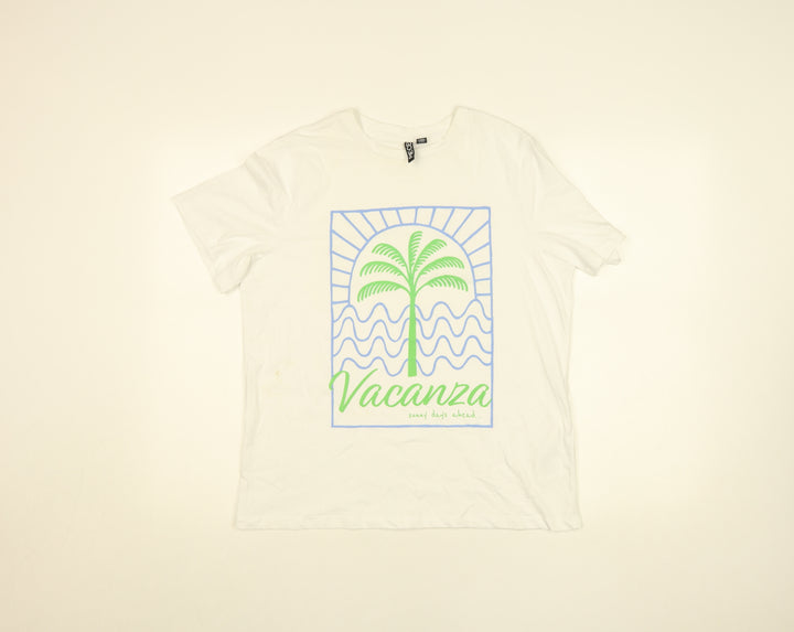 Pieces Women's White Cotton Graphic T-Shirt Size S Vacanza Print