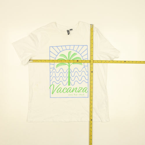 Pieces Women's White Cotton Graphic T-Shirt Size S Vacanza Print