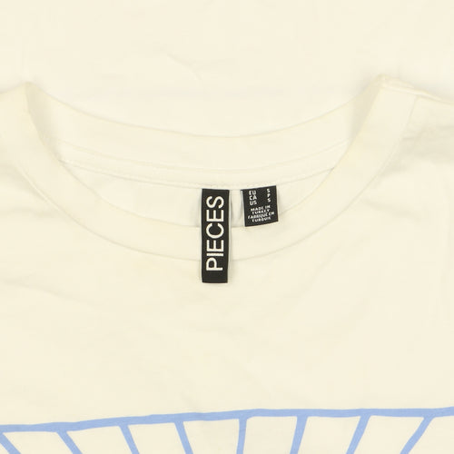 Pieces Women's White Cotton Graphic T-Shirt Size S Vacanza Print