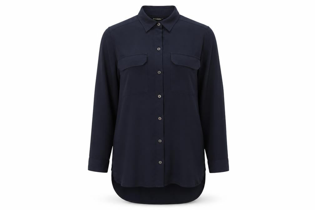 Front view of Zudio Women’s Blue Long Sleeve Collared Button-Up Shirt, size M