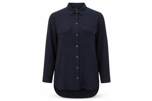 Front view of Zudio Women’s Blue Long Sleeve Collared Button-Up Shirt, size M