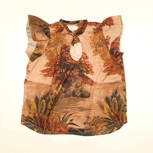 Next Women Brown Floral Chiffon Tunic Blouse Size 12 Keyhole Neck
