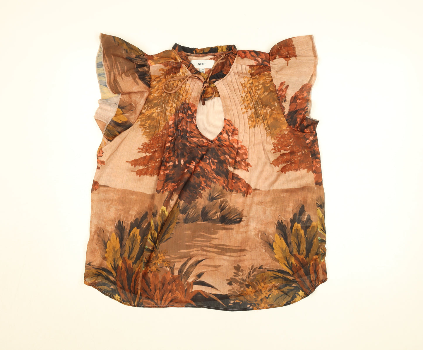 Next Women Brown Floral Chiffon Tunic Blouse Size 12 Keyhole Neck