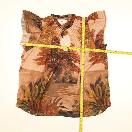 Next Women Brown Floral Chiffon Tunic Blouse Size 12 Keyhole Neck