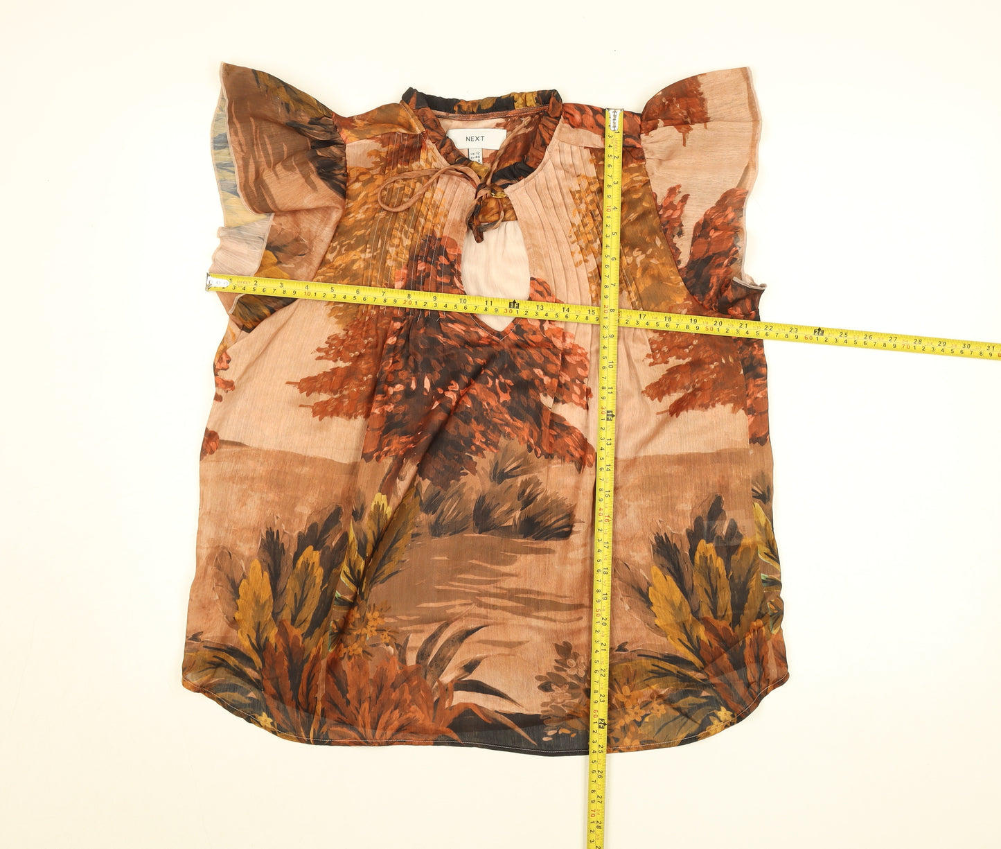 Next Women Brown Floral Chiffon Tunic Blouse Size 12 Keyhole Neck