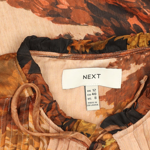 Next Women Brown Floral Chiffon Tunic Blouse Size 12 Keyhole Neck