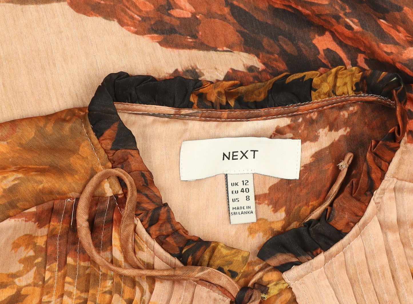 Next Women Brown Floral Chiffon Tunic Blouse Size 12 Keyhole Neck
