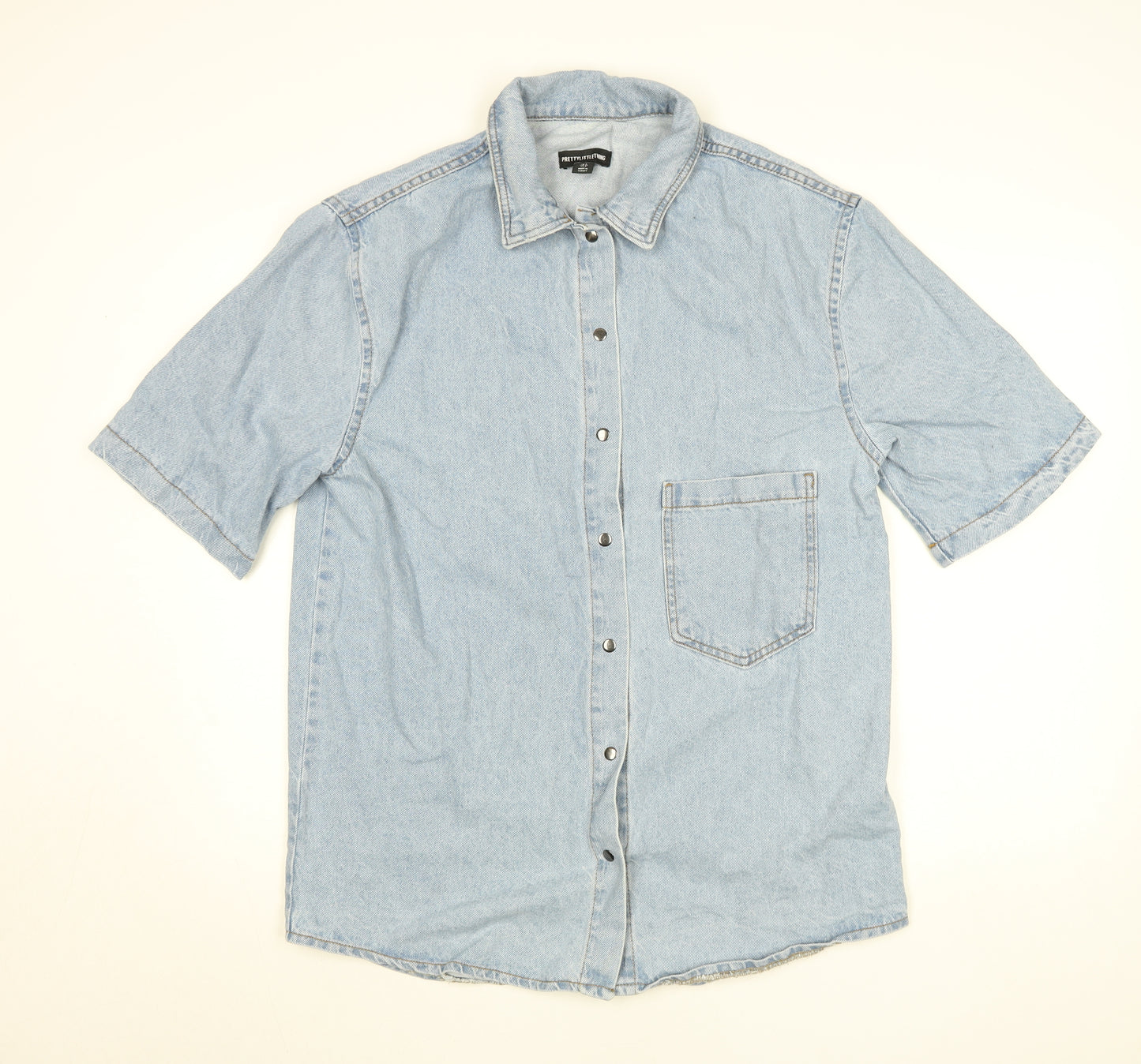 PrettyLittleThing Womens Blue Denim Short Sleeve Button-Up Shirt Size 8