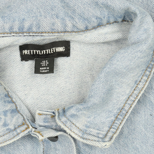 PrettyLittleThing Womens Blue Denim Short Sleeve Button-Up Shirt Size 8