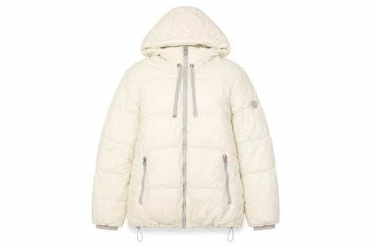 Front view of French Connection women’s ivory puffer jacket hooded, size L