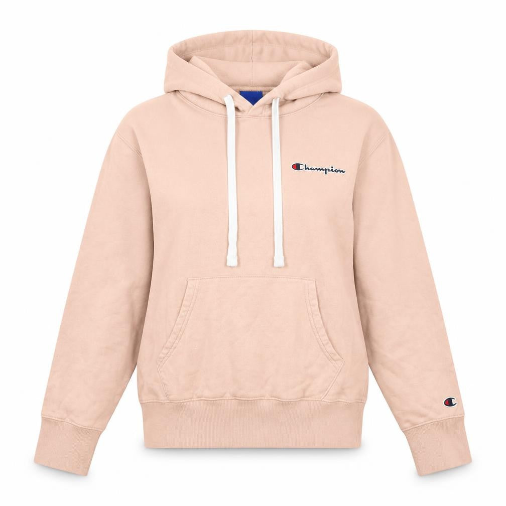 Front view of Champion women’s beige hoodie medium 100% cotton pullover