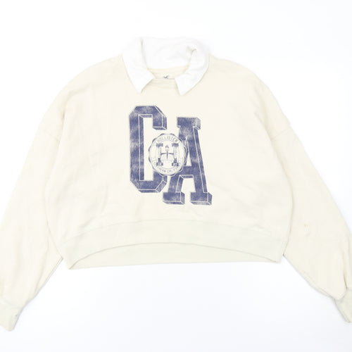 Hollister Women Beige Collared Pullover Sweatshirt S CA Print