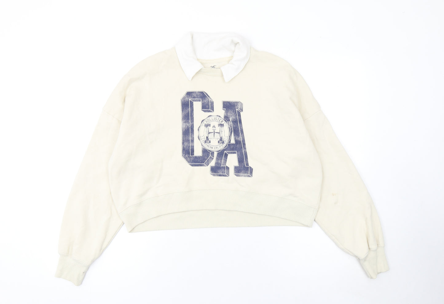 Hollister Women Beige Collared Pullover Sweatshirt S CA Print