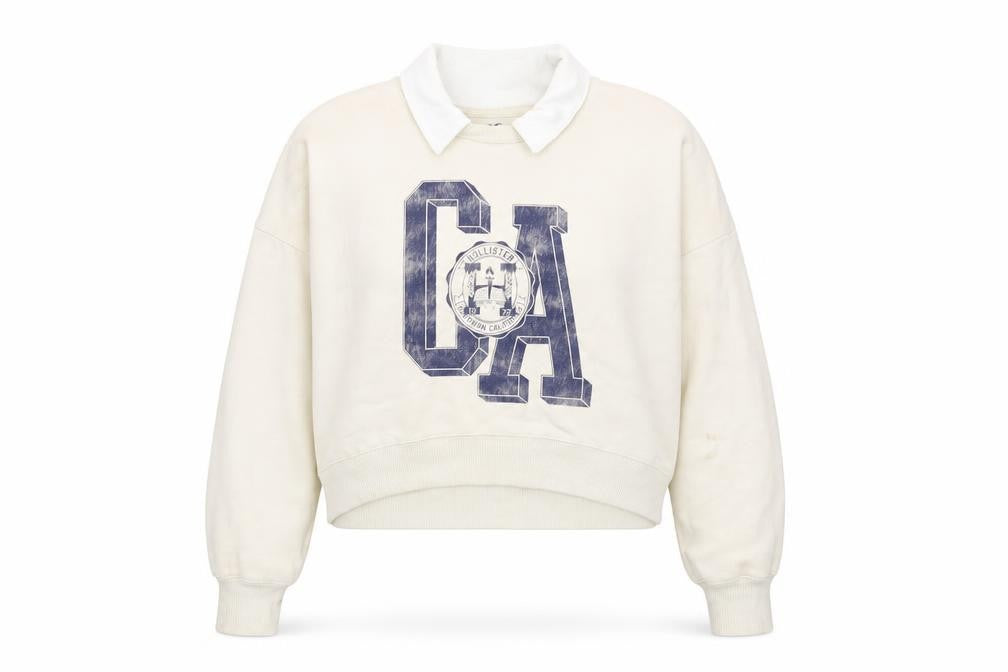 Front view of Hollister Women Beige Collared Pullover Sweatshirt S CA Print