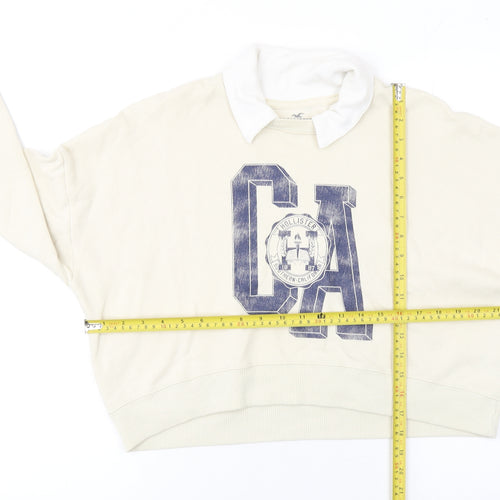 Hollister Women Beige Collared Pullover Sweatshirt S CA Print
