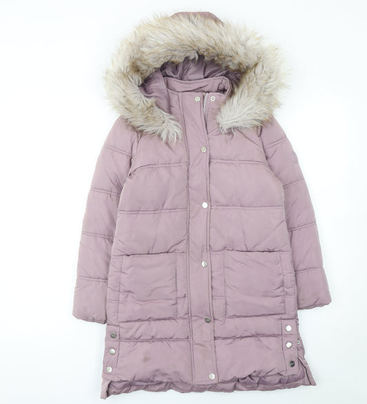 Lipsy Girls Pink Faux Fur Hooded Puffer Coat 8 Years Mid-Length Winter Jacket
