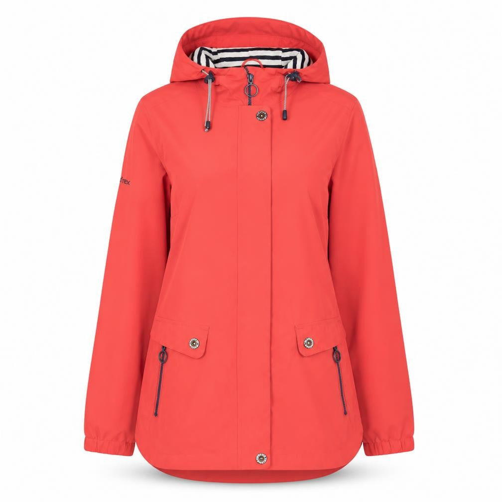 Front view of Trespass women’s red waterproof hooded rain jacket 2xs