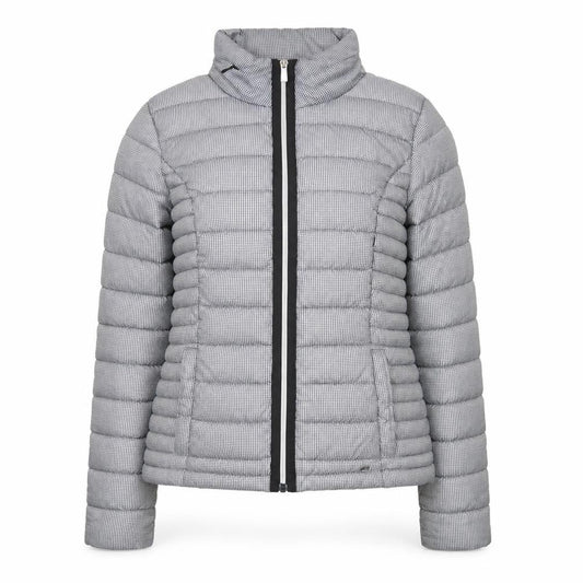 Front view of Next Women's Grey Check Puffer Jacket, size 8, Short Quilted Coat