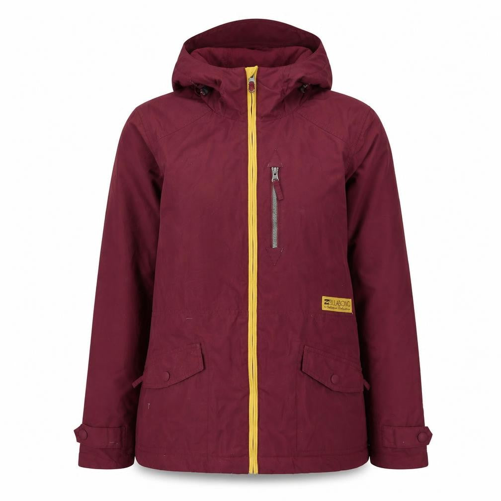 Front view of Billabong women’s burgundy hooded waterproof parka jacket, size L