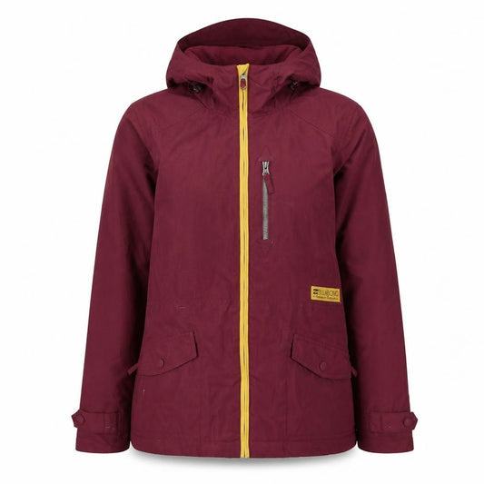 Front view of Billabong women’s burgundy hooded waterproof parka jacket, size L