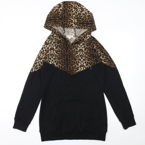 Chic and Discreet Womens Black Leopard Print Hooded Pullover Hoodie Size S