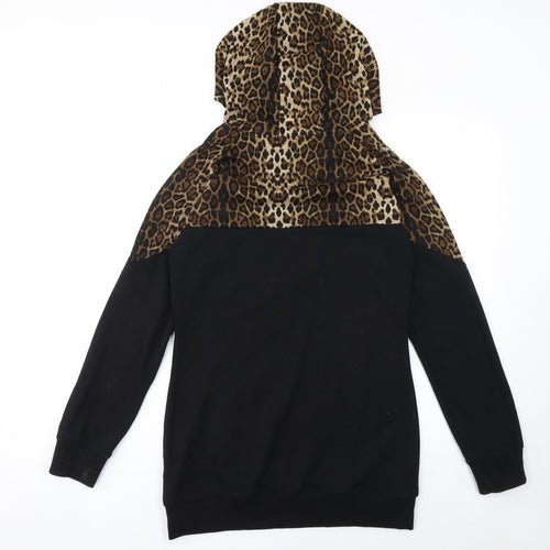 Chic and Discreet Womens Black Leopard Print Hooded Pullover Hoodie Size S