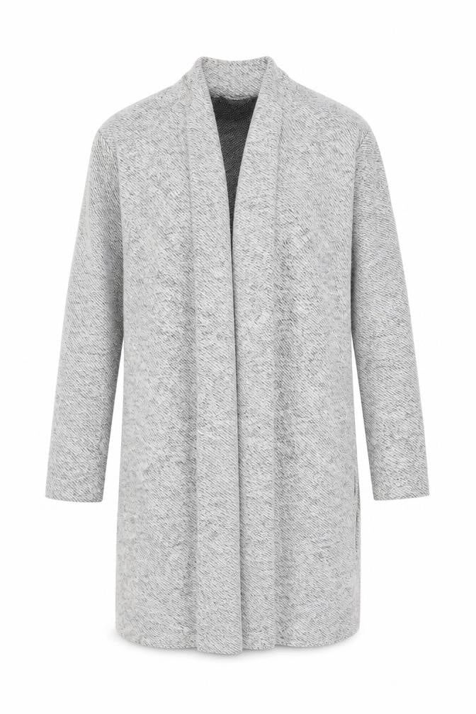 Front view of Miss Selfridge women’s grey long knit coatigan, size UK 6, regular