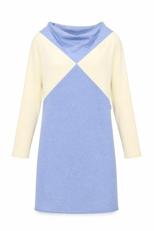 Front view of Marks & Spencer Women Blue Colourblock Shift Dress, size 10, Long Sleeve Retro