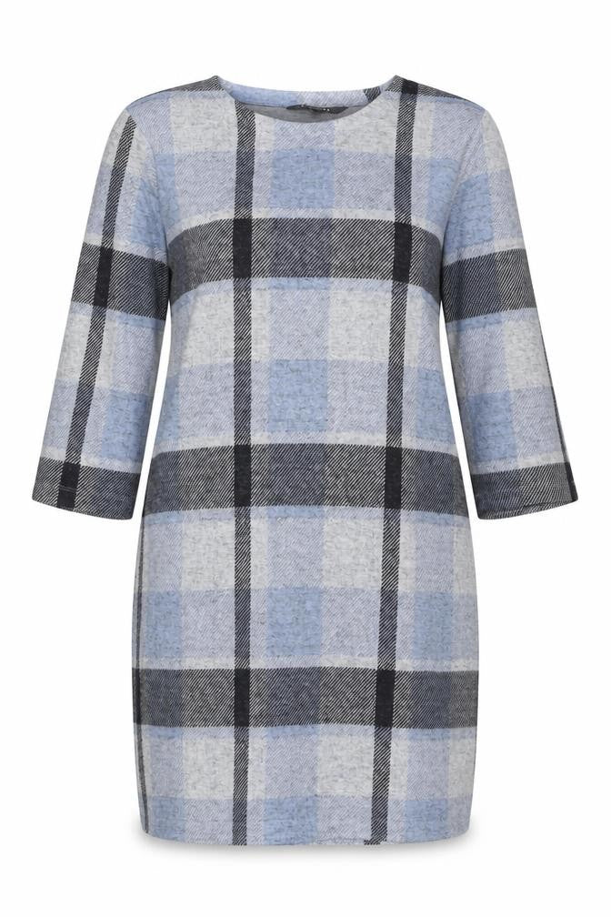 Front view of Bonmarché Women Blue Check Shift Dress, size 16, Long Sleeve