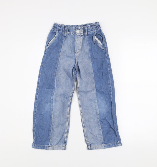 H&M Girls Blue Colourblock Wide-Leg Denim Jeans 6 Years Elastic Waist
