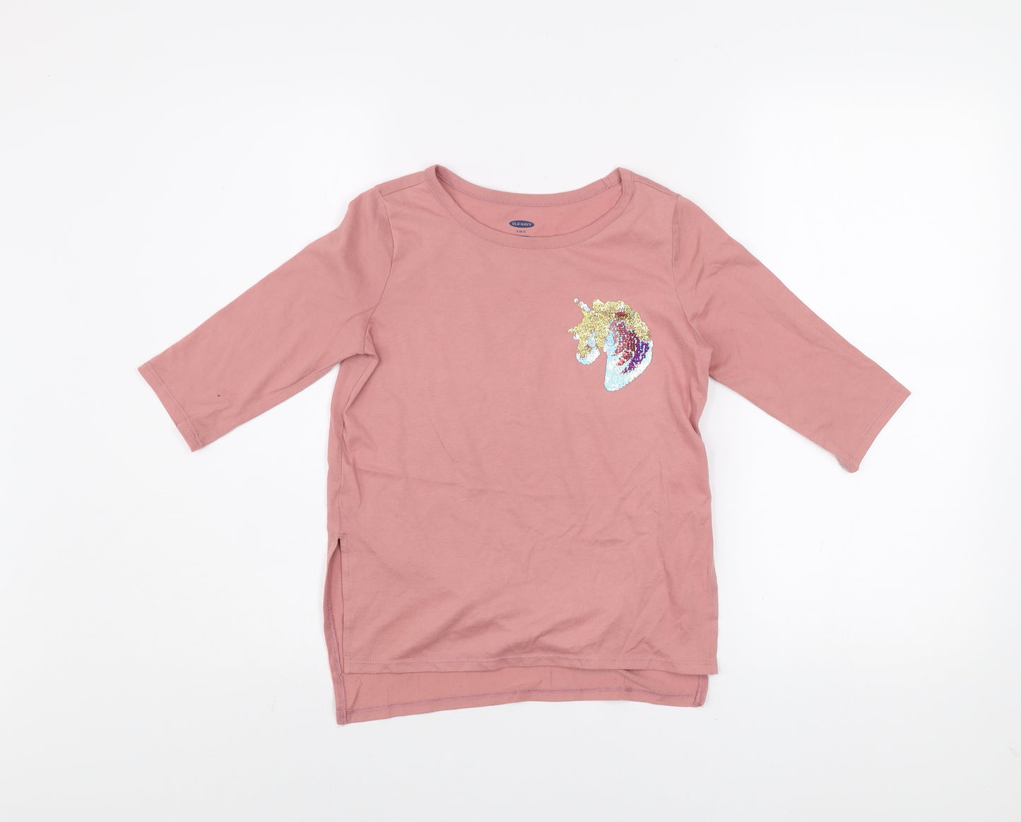 Old Navy Girls Pink Sequin Unicorn 3/4 Sleeve Cotton T-Shirt Size 6-7 Years