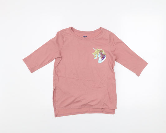 Old Navy Girls Pink Sequin Unicorn 3/4 Sleeve Cotton T-Shirt Size 6-7 Years