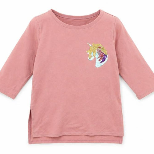 Old Navy Girls Pink Sequin Unicorn 3/4 Sleeve Cotton T-Shirt Size 6-7 Years