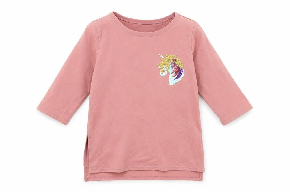 Old Navy Girls Pink Sequin Unicorn 3/4 Sleeve Cotton T-Shirt Size 6-7 Years