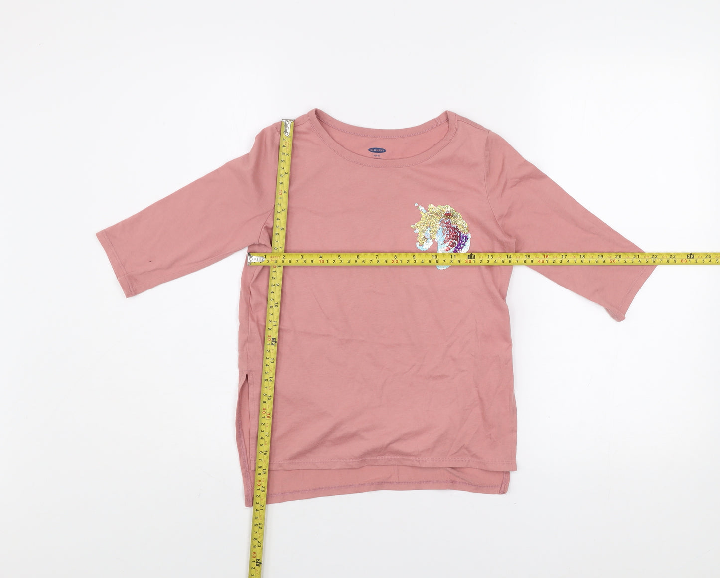 Old Navy Girls Pink Sequin Unicorn 3/4 Sleeve Cotton T-Shirt Size 6-7 Years