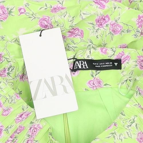 Zara Women Green Floral Short Bubble Hem Skirt Size S
