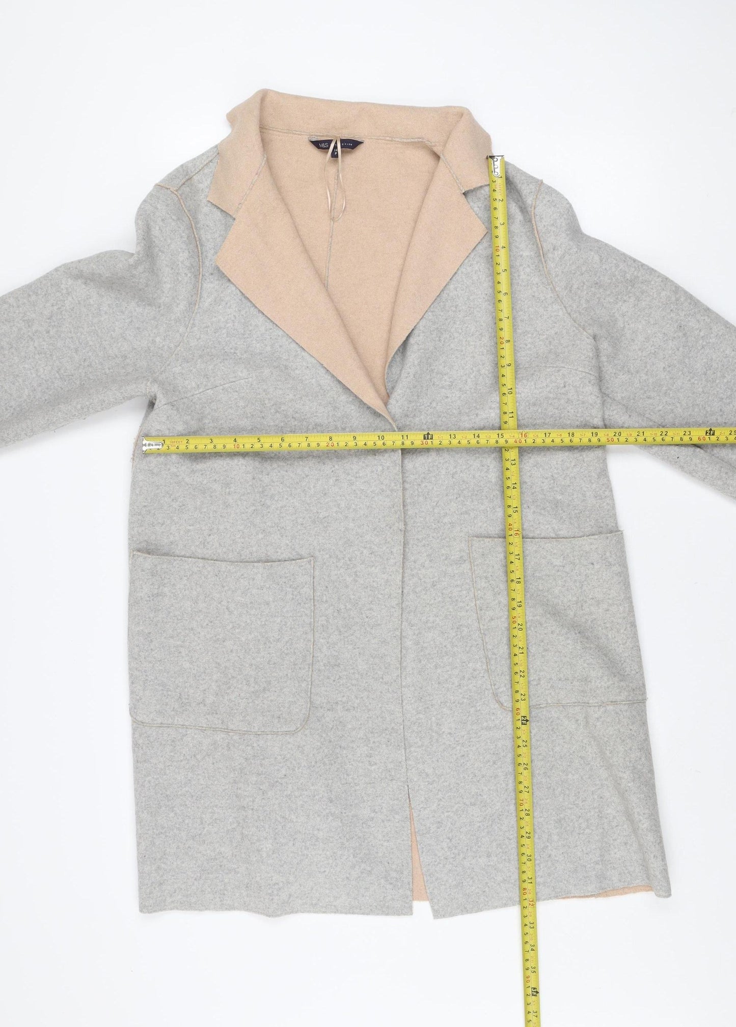 Marks and Spencer Women Grey Beige Coatigan Size 14 Petite Wool Blend