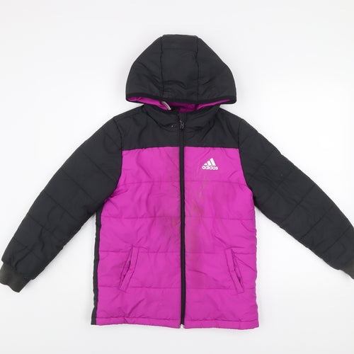 Adidas Girls Black & Pink Hooded Puffer Jacket 9-10 Years