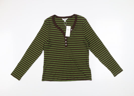 Marks and Spencer Women’s Brown & Green Striped Long Sleeve Henley Top Size 16