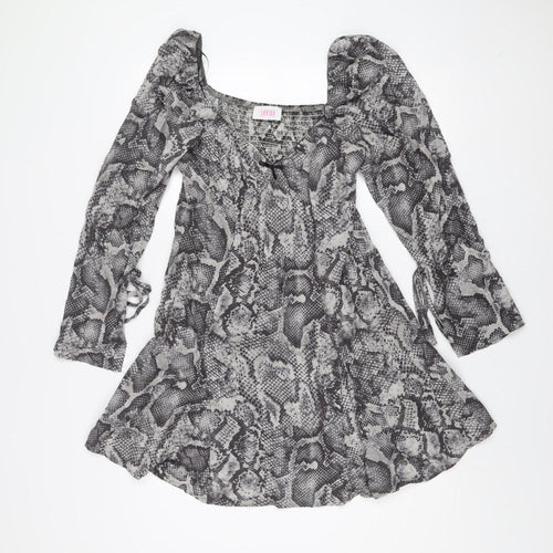 Savida Women Grey Snake Print Mini Dress Size 12 Long Sleeve Ruched